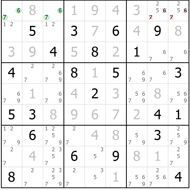 Position des candidats pour la solution de la Gr 6 page 9 du magazine de sudoku Virtuose n° 130