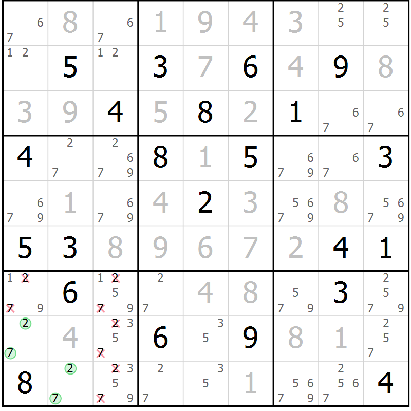 Position des candidats pour la solution de la Gr 6 page 9 du magazine de sudoku Virtuose n° 130
