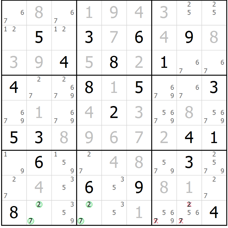 Position des candidats pour la solution de la Gr 6 page 9 du magazine de sudoku Virtuose n° 130