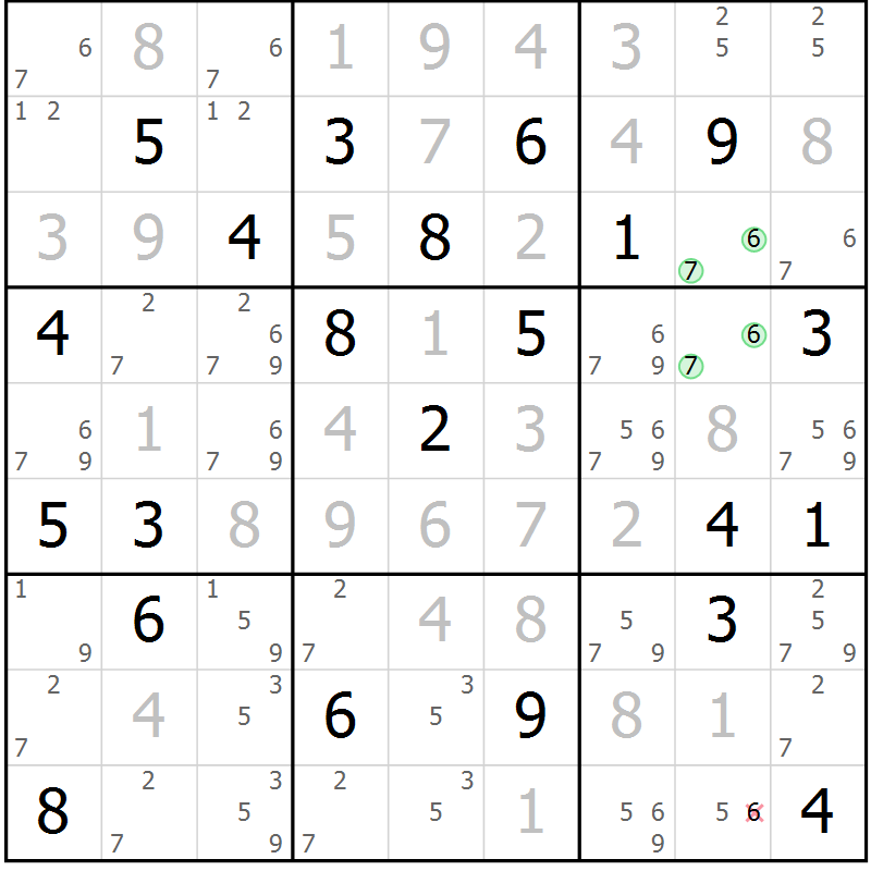 Position des candidats pour la solution de la Gr 6 page 9 du magazine de sudoku Virtuose n° 130