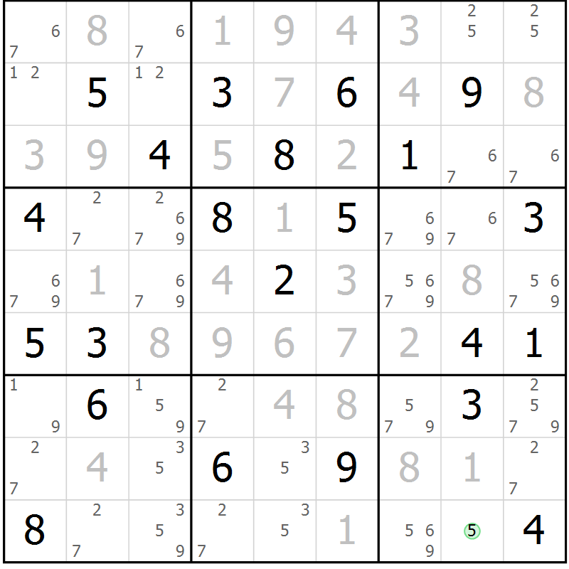 Position des candidats pour la solution de la Gr 6 page 9 du magazine de sudoku Virtuose n° 130