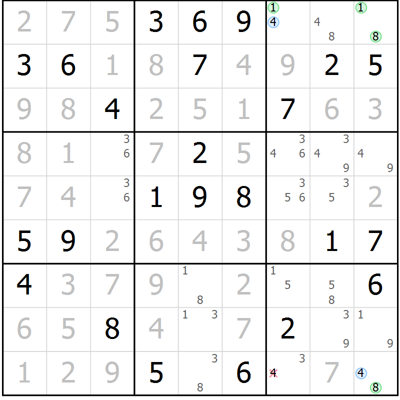 Position des candidats pour la solution de la Gr 61 page 64 du magazine de sudoku Virtuose n° 130