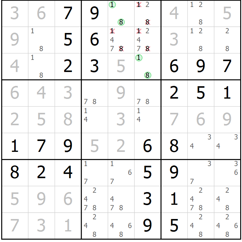 Position des candidats pour la solution de la Gr 62 page 65 du magazine de sudoku Virtuose n° 130