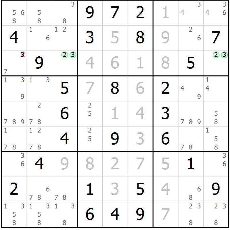 Position des candidats pour la solution de la Gr 64 page 67 du magazine de sudoku Virtuose n° 130