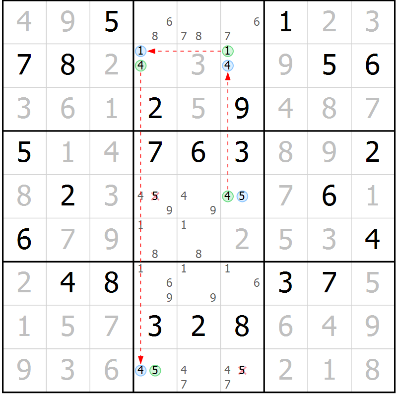 Position des candidats pour la solution de la Gr 69 page 72 du magazine de sudoku Virtuose n° 130