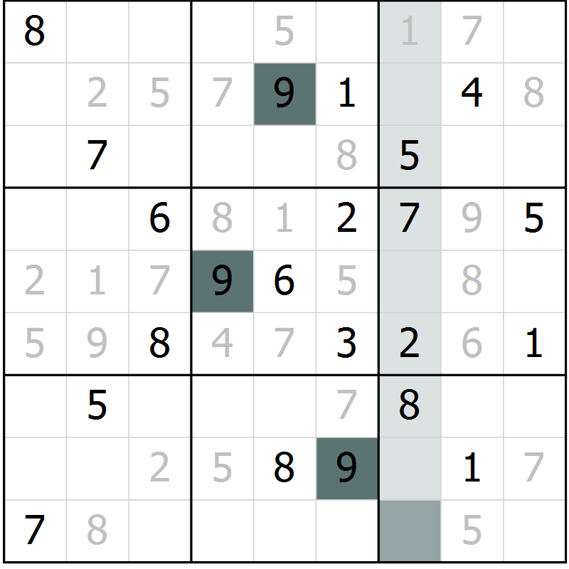 Position des candidats pour la solution de la Gr 7 page 10 du magazine de sudoku Virtuose n° 130