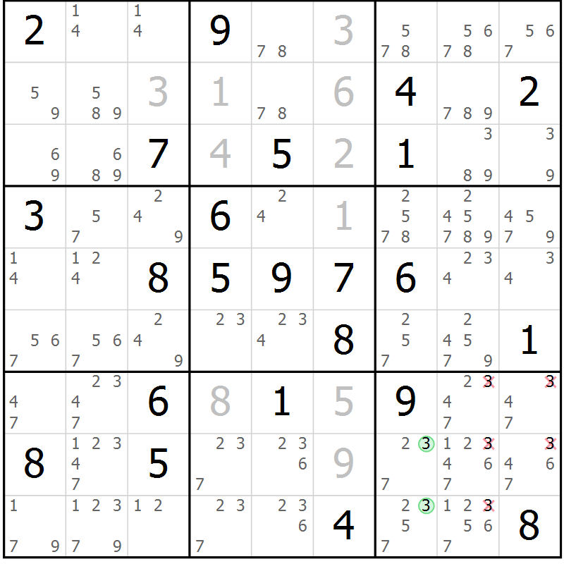 Position des candidats pour la solution de la Gr 70 page 73 du magazine de sudoku Virtuose n° 130