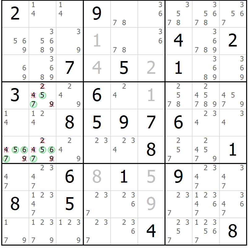 Position des candidats pour la solution de la Gr 70 page 73 du magazine de sudoku Virtuose n° 130