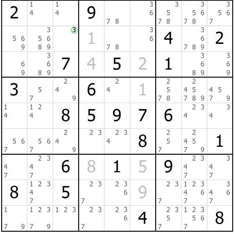Position des candidats pour la solution de la Gr 70 page 73 du magazine de sudoku Virtuose n° 130