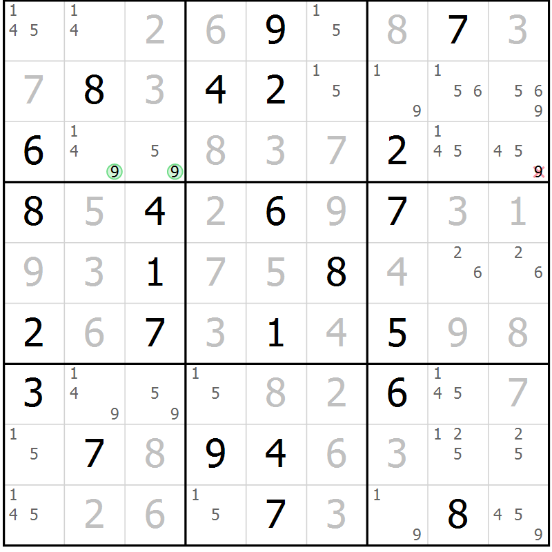 Position des candidats pour la solution de la Gr 71 page 74 du magazine de sudoku Virtuose n° 130