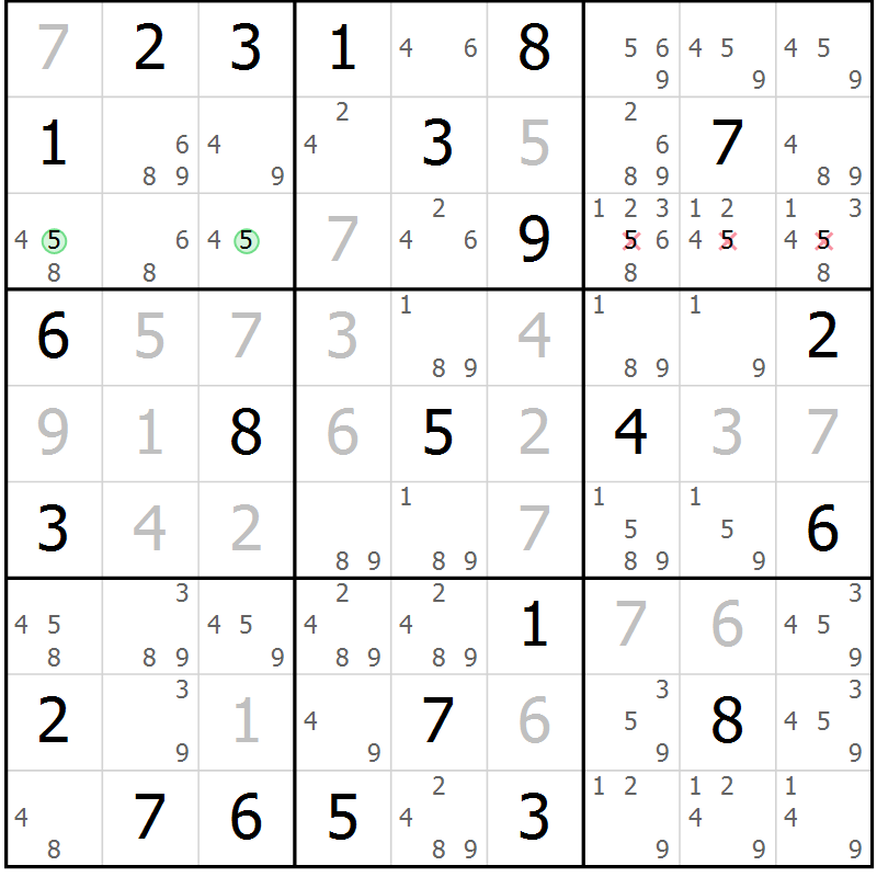 Position des candidats pour la solution de la Gr 72 page 75 du magazine de sudoku Virtuose n° 130
