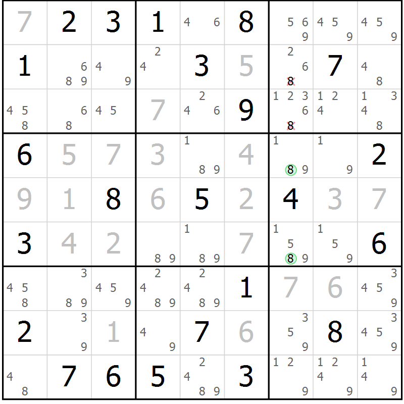 Position des candidats pour la solution de la Gr 72 page 75 du magazine de sudoku Virtuose n° 130