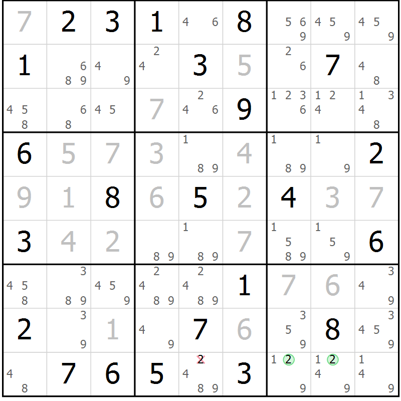 Position des candidats pour la solution de la Gr 72 page 75 du magazine de sudoku Virtuose n° 130