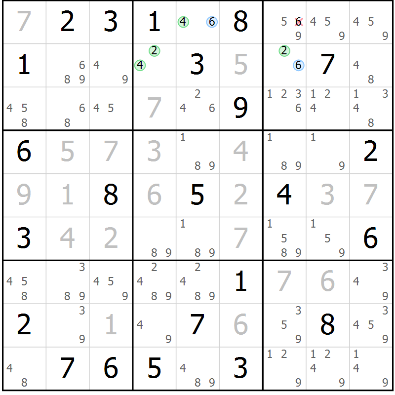 Position des candidats pour la solution de la Gr 72 page 75 du magazine de sudoku Virtuose n° 130