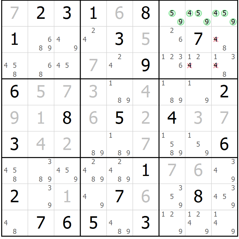 Position des candidats pour la solution de la Gr 72 page 75 du magazine de sudoku Virtuose n° 130
