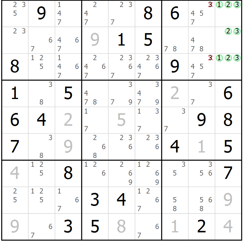 Position des candidats pour la solution de la Gr 73 page 76 du magazine de sudoku Virtuose n° 130