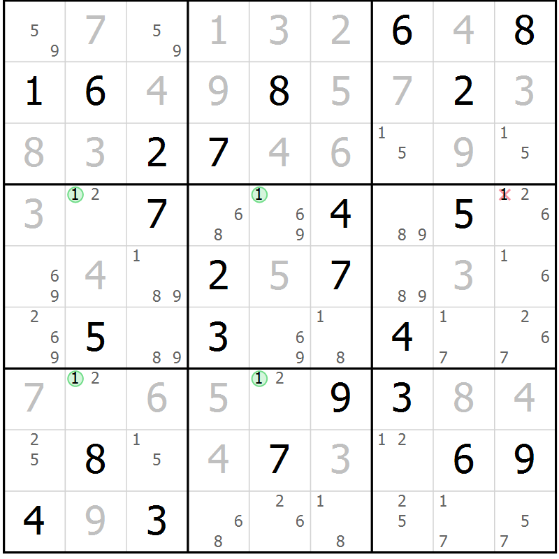 Position des candidats pour la solution de la Gr 74 page 77 du magazine de sudoku Virtuose n° 130