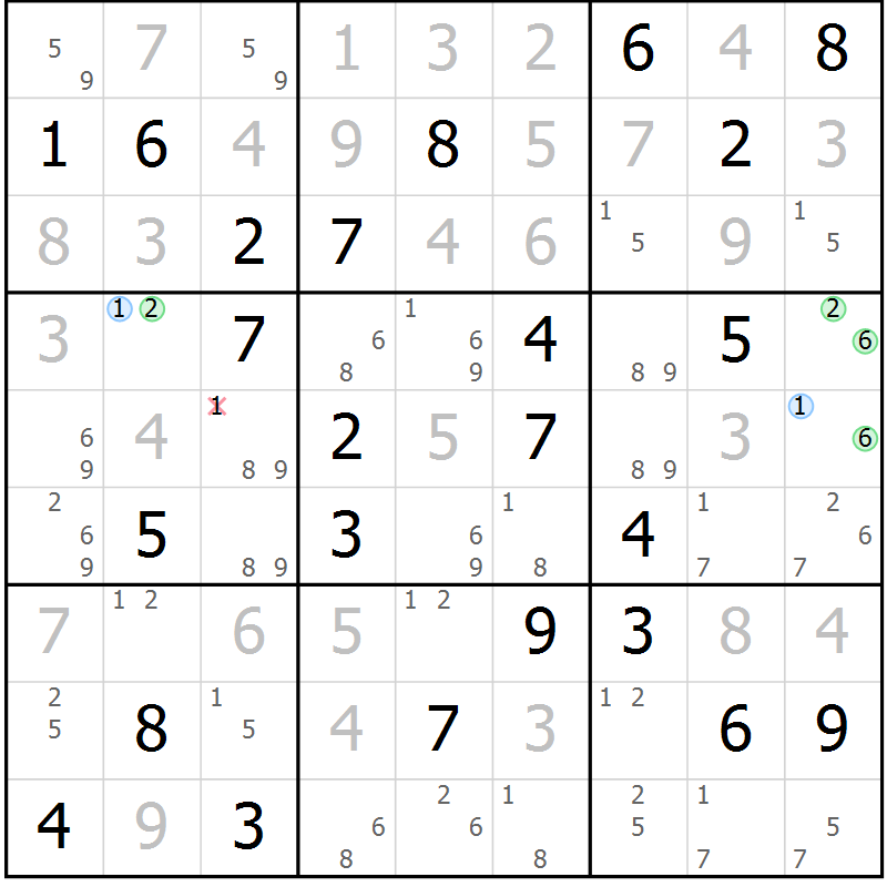 Position des candidats pour la solution de la Gr 74 page 77 du magazine de sudoku Virtuose n° 130