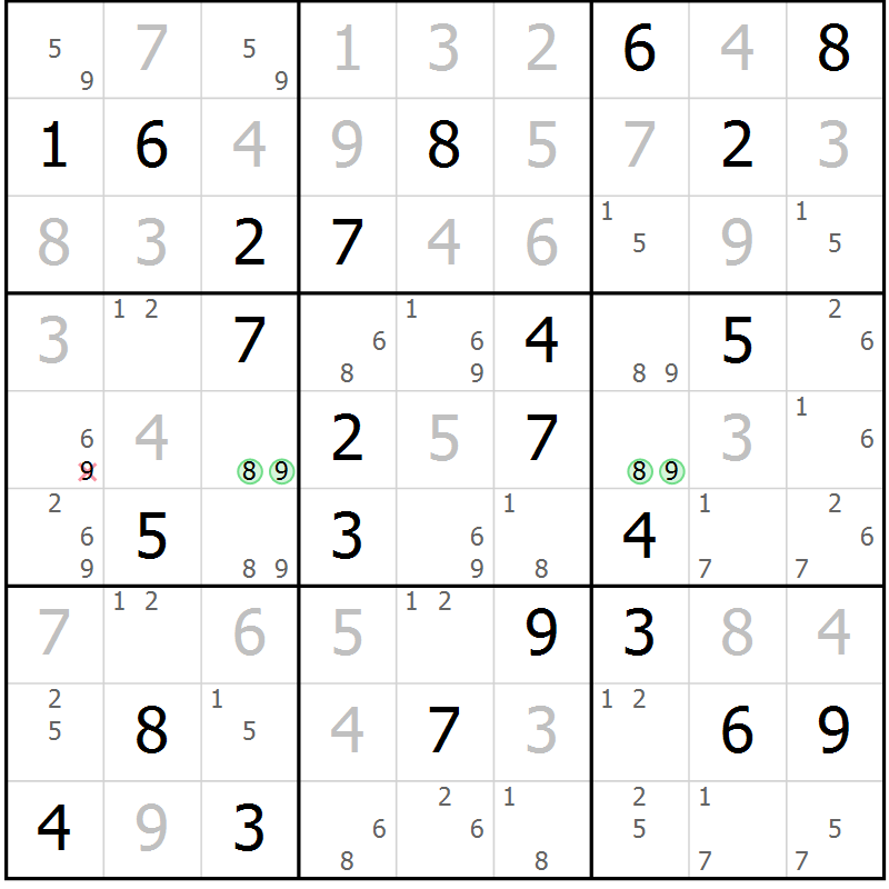 Position des candidats pour la solution de la Gr 74 page 77 du magazine de sudoku Virtuose n° 130