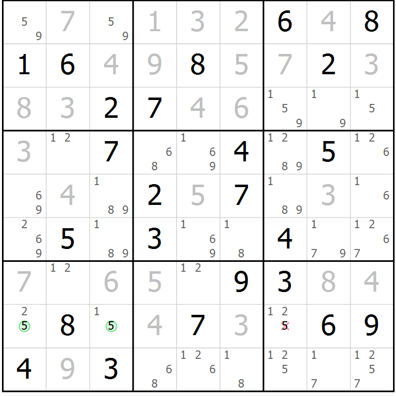 Position des candidats pour la solution de la Gr 74 page 77 du magazine de sudoku Virtuose n° 130