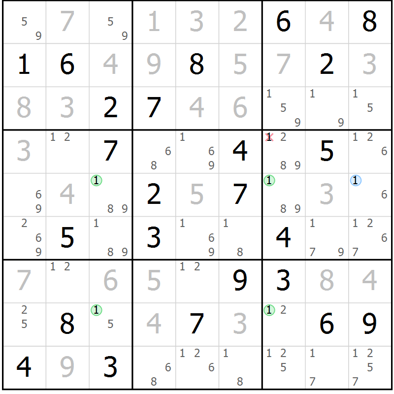 Position des candidats pour la solution de la Gr 74 page 77 du magazine de sudoku Virtuose n° 130
