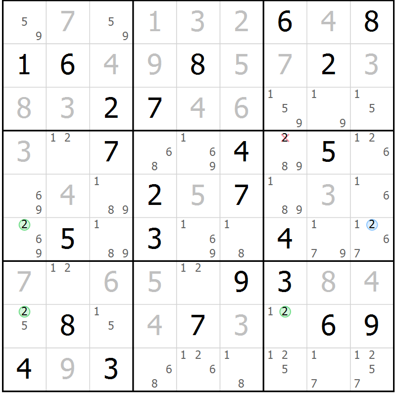Position des candidats pour la solution de la Gr 74 page 77 du magazine de sudoku Virtuose n° 130
