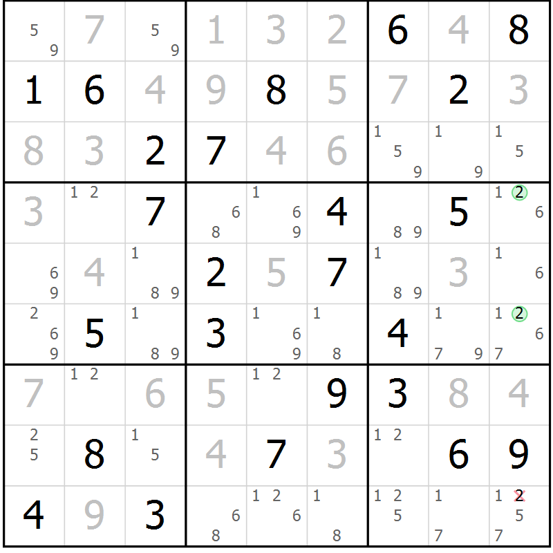 Position des candidats pour la solution de la Gr 74 page 77 du magazine de sudoku Virtuose n° 130