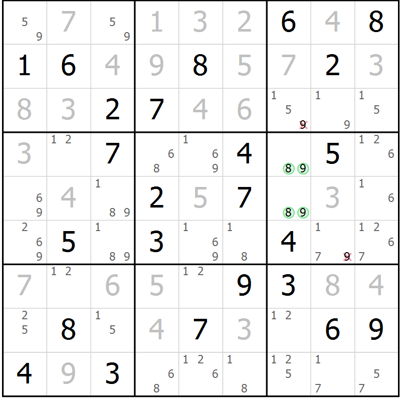 Position des candidats pour la solution de la Gr 74 page 77 du magazine de sudoku Virtuose n° 130