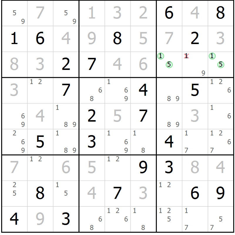 Position des candidats pour la solution de la Gr 74 page 77 du magazine de sudoku Virtuose n° 130