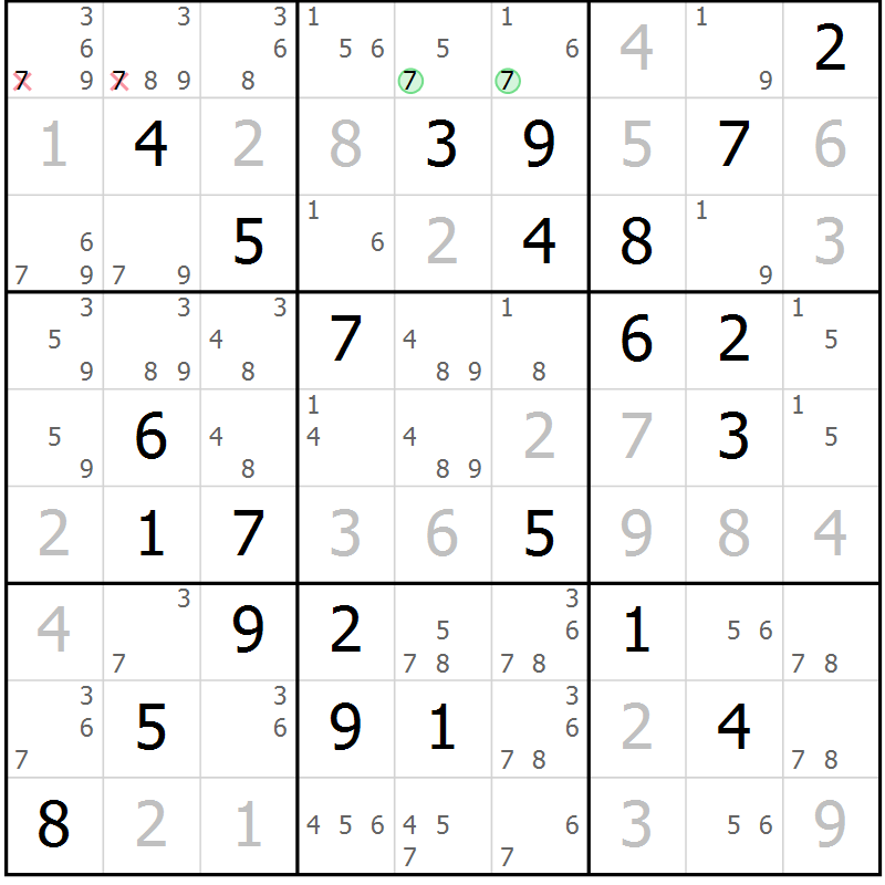 Position des candidats pour la solution de la Gr 75 page 78 du magazine de sudoku Virtuose n° 130
