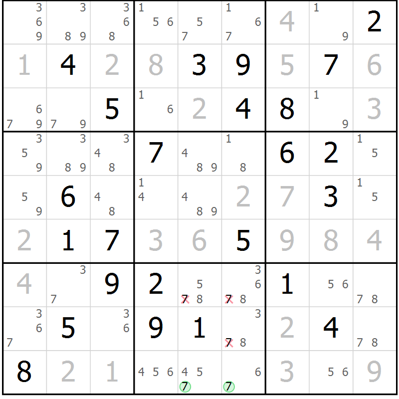 Position des candidats pour la solution de la Gr 75 page 78 du magazine de sudoku Virtuose n° 130