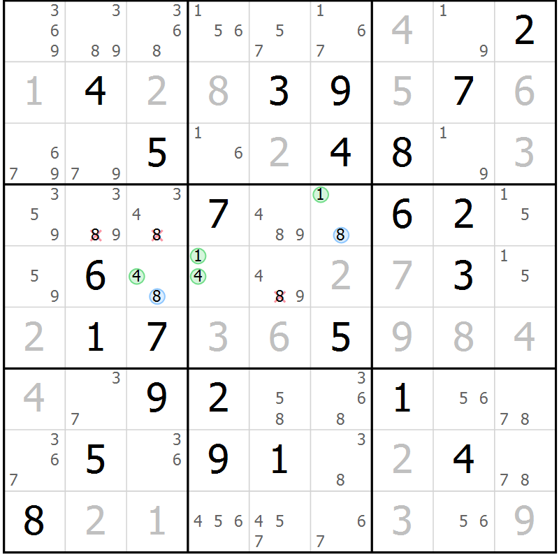 Position des candidats pour la solution de la Gr 75 page 78 du magazine de sudoku Virtuose n° 130