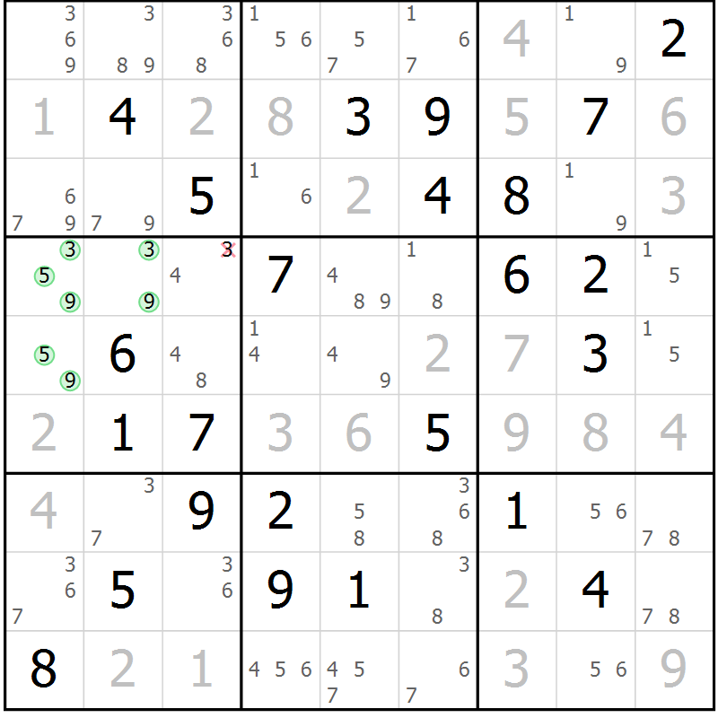 Position des candidats pour la solution de la Gr 75 page 78 du magazine de sudoku Virtuose n° 130