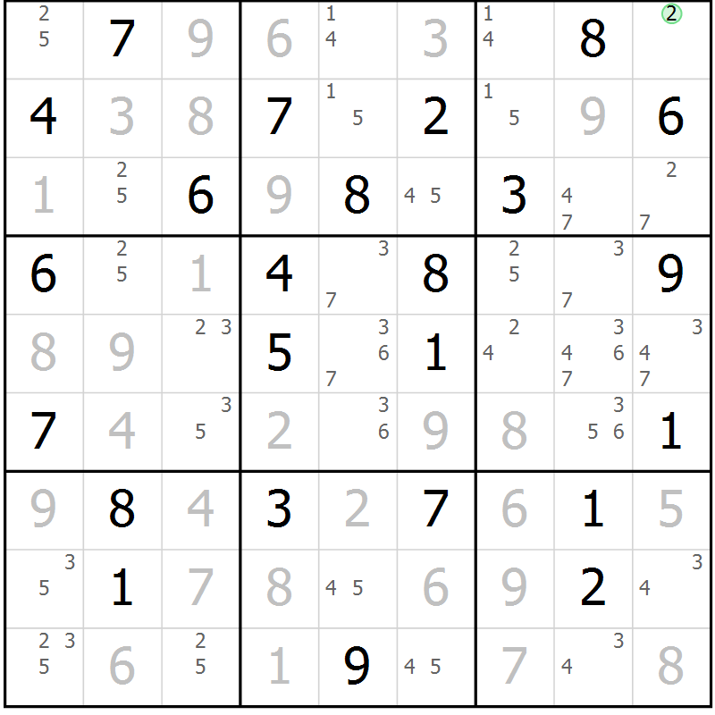 Position des candidats pour la solution de la Gr 76 page 79 du magazine de sudoku Virtuose n° 130