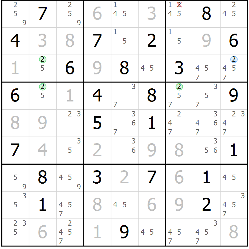 Position des candidats pour la solution de la Gr 76 page 79 du magazine de sudoku Virtuose n° 130