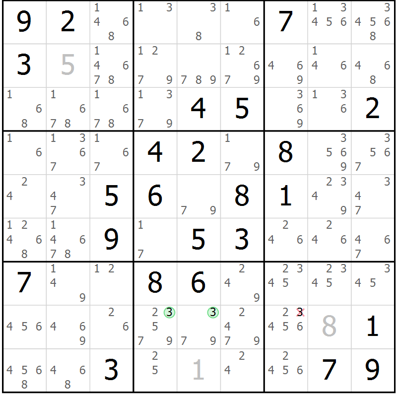 Position des candidats pour la solution de la Gr 77 page 80 du magazine de sudoku Virtuose n° 130