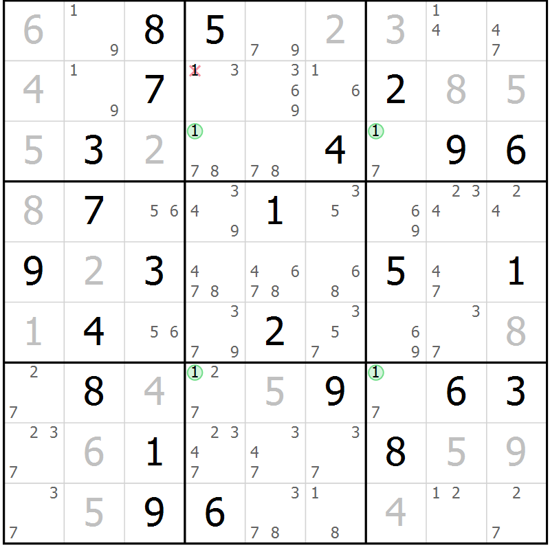 Position des candidats pour la solution de la Gr 78 page 81 du magazine de sudoku Virtuose n° 130