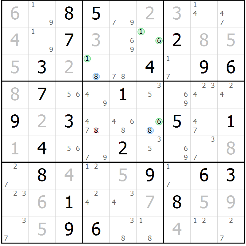 Position des candidats pour la solution de la Gr 78 page 81 du magazine de sudoku Virtuose n° 130