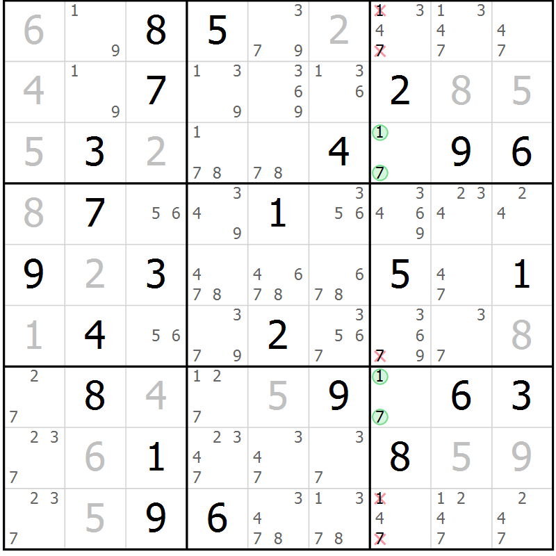 Position des candidats pour la solution de la Gr 78 page 81 du magazine de sudoku Virtuose n° 130