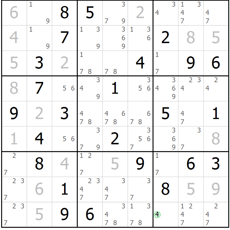 Position des candidats pour la solution de la Gr 78 page 81 du magazine de sudoku Virtuose n° 130