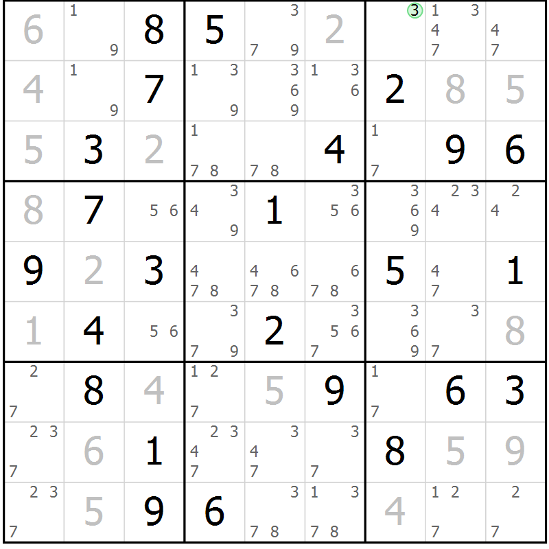 Position des candidats pour la solution de la Gr 78 page 81 du magazine de sudoku Virtuose n° 130