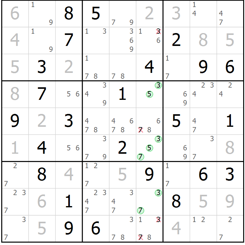 Position des candidats pour la solution de la Gr 78 page 81 du magazine de sudoku Virtuose n° 130