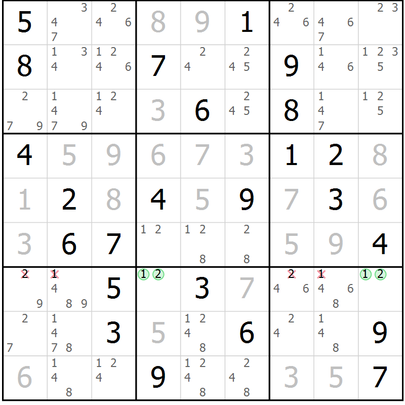 Position des candidats pour la solution de la Gr 79 page 82 du magazine de sudoku Virtuose n° 130