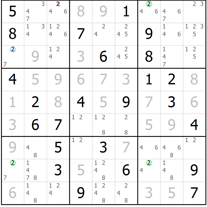 Position des candidats pour la solution de la Gr 79 page 82 du magazine de sudoku Virtuose n° 130