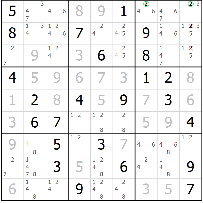 Position des candidats pour la solution de la Gr 79 page 82 du magazine de sudoku Virtuose n° 130