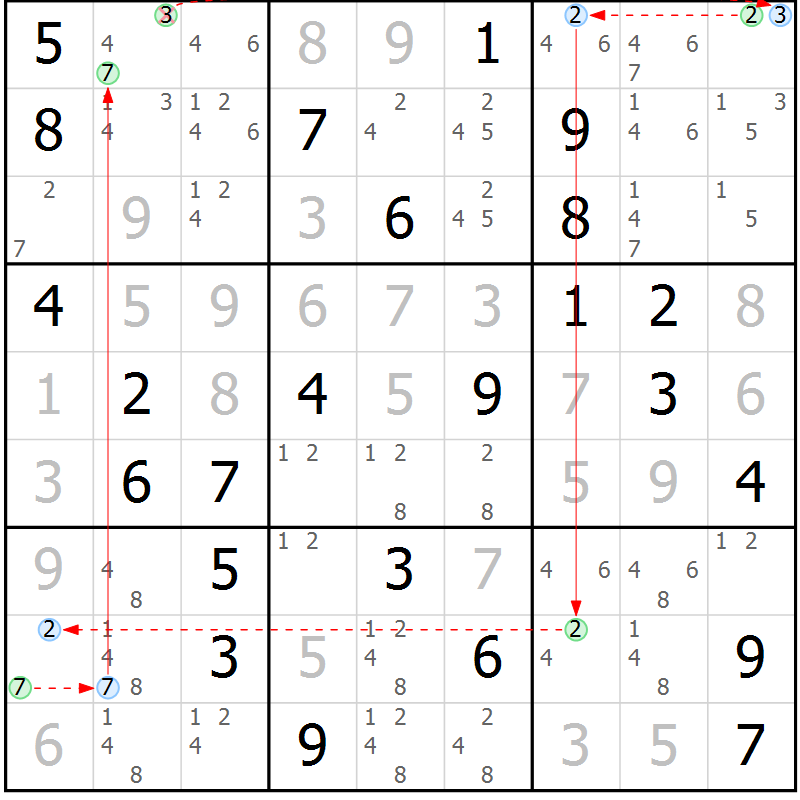 Position des candidats pour la solution de la Gr 79 page 82 du magazine de sudoku Virtuose n° 130