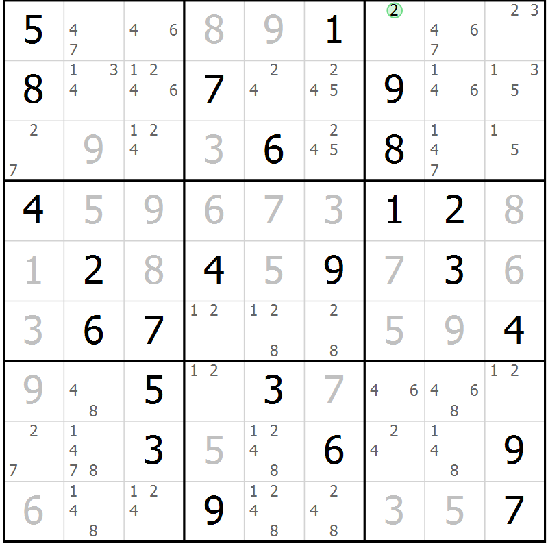 Position des candidats pour la solution de la Gr 79 page 82 du magazine de sudoku Virtuose n° 130