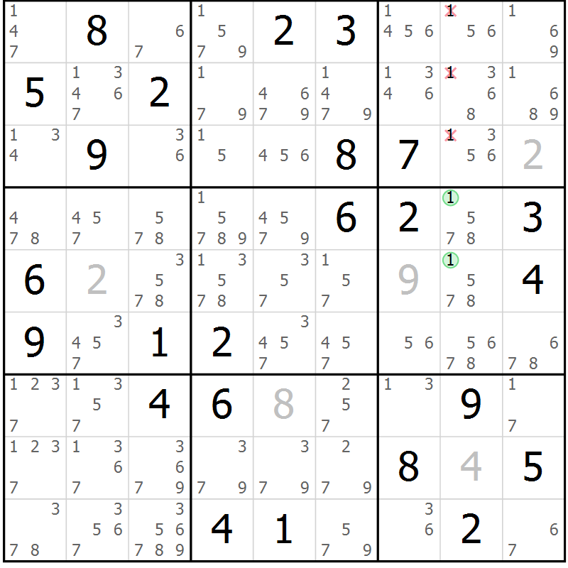 Position des candidats pour la solution de la Gr 80 page 83 du magazine de sudoku Virtuose n° 130