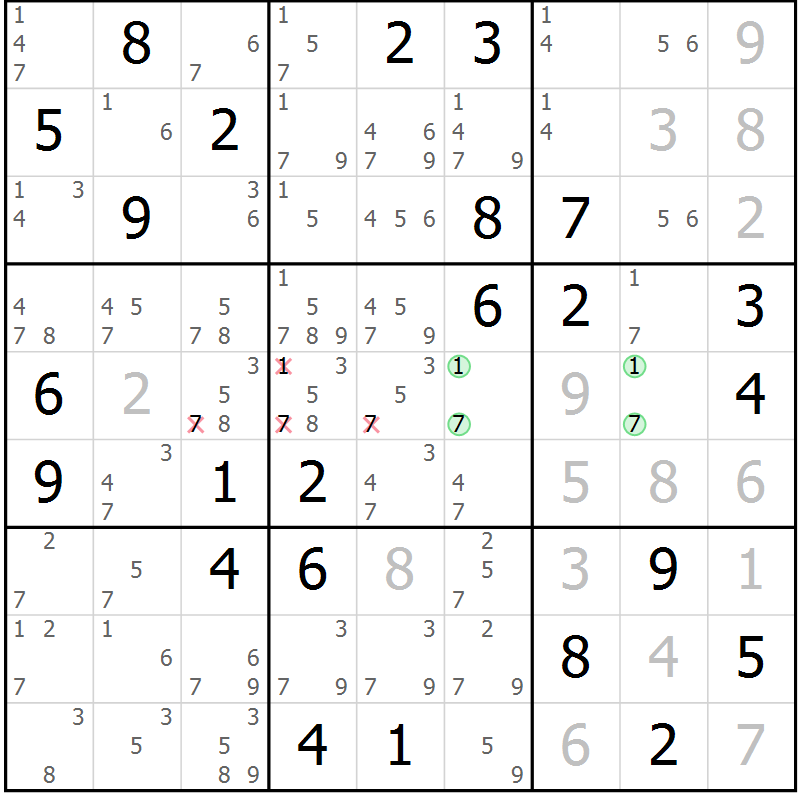 Position des candidats pour la solution de la Gr 80 page 83 du magazine de sudoku Virtuose n° 130