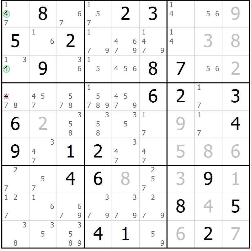 Position des candidats pour la solution de la Gr 80 page 83 du magazine de sudoku Virtuose n° 130